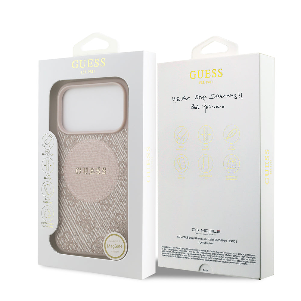 Apple iPhone 17 Pro Kılıf Guess Orjinal Lisanslı M-safe Şarj Özellikli Yazı Logolu Circle Classic Kapak  Kahverengi