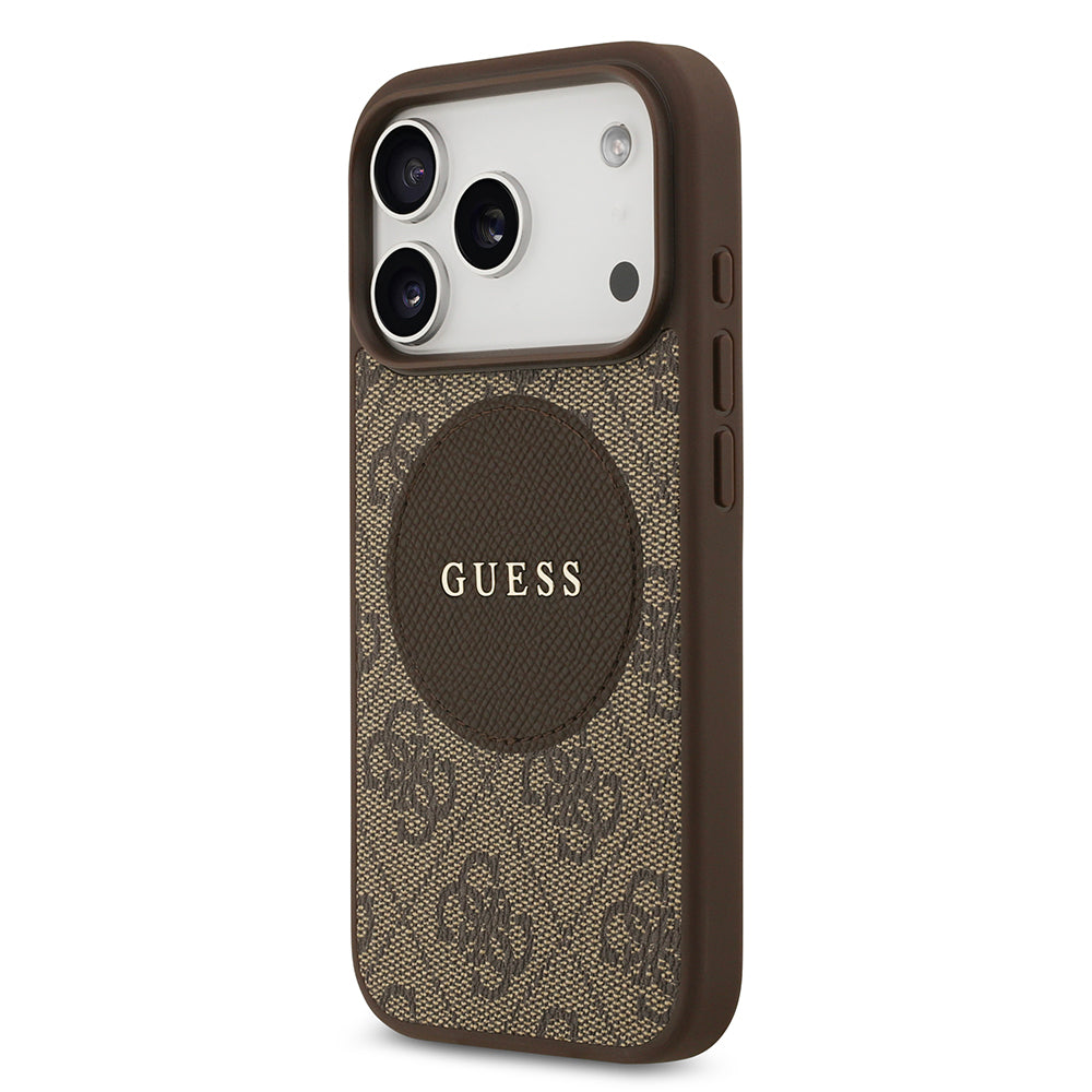Apple iPhone 17 Pro Kılıf Guess Orjinal Lisanslı M-safe Şarj Özellikli Yazı Logolu Circle Classic Kapak  Kahverengi