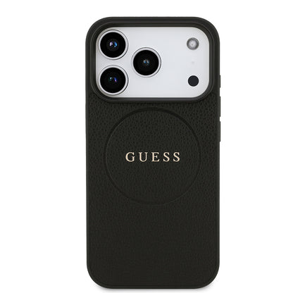 Apple iPhone 17 Pro Kılıf Guess Orjinal Lisanslı M-safe Şarj Özellikli Yazı Logolu PU Deri Kapak Siyah
