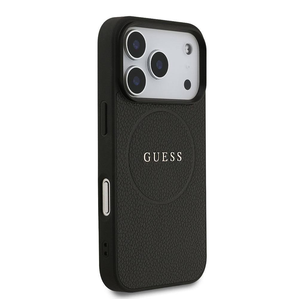 Apple iPhone 17 Pro Kılıf Guess Orjinal Lisanslı M-safe Şarj Özellikli Yazı Logolu PU Deri Kapak Siyah