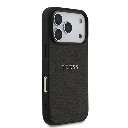 Apple iPhone 17 Pro Kılıf Guess Orjinal Lisanslı M-safe Şarj Özellikli Yazı Logolu PU Deri Kapak Siyah
