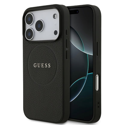 Apple iPhone 17 Pro Kılıf Guess Orjinal Lisanslı M-safe Şarj Özellikli Yazı Logolu PU Deri Kapak Siyah