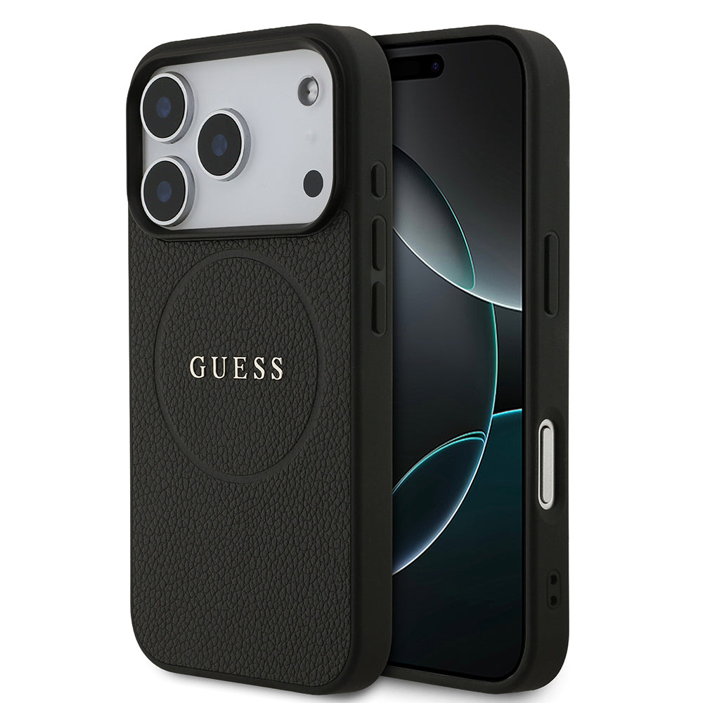 Apple iPhone 17 Pro Kılıf Guess Orjinal Lisanslı M-safe Şarj Özellikli Yazı Logolu PU Deri Kapak Siyah