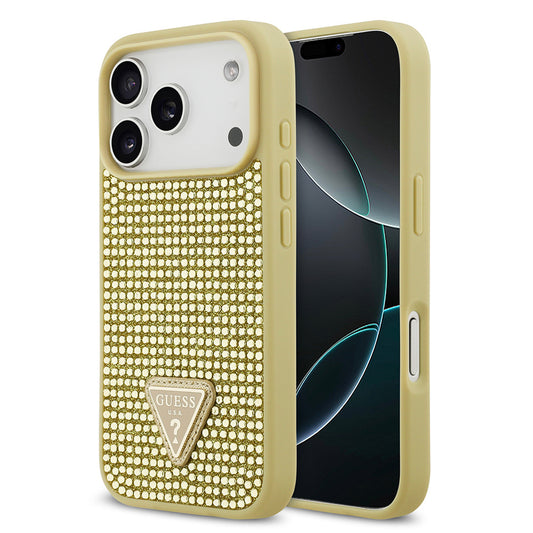 Apple iPhone 17 Pro Kılıf Guess Orjinal Lisanslı Taşlı Arka Yüzey Üçgen Logolu Kapak Gold