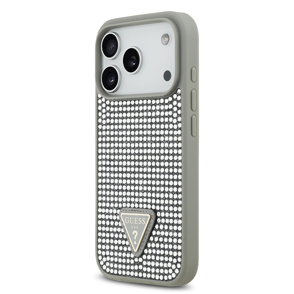Apple iPhone 17 Pro Kılıf Guess Orjinal Lisanslı Taşlı Arka Yüzey Üçgen Logolu Kapak Gümüş