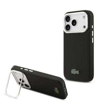 Apple iPhone 17 Pro Case Lacoste Original Licensed M-Safe Charging Feature PU Pique Pattern Stand Metal Logo Cover Black 