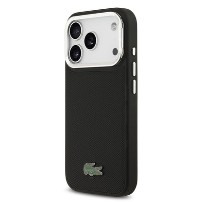Apple iPhone 17 Pro Kılıf Lacoste Orjinal Lisanslı M-safe Şarj Özellikli PU Pike Desenli Standlı Metal Logolu Kapak Siyah