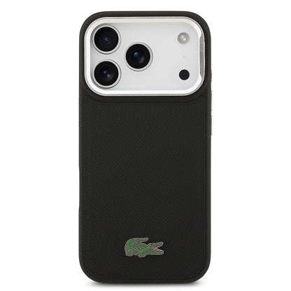 Apple iPhone 17 Pro Kılıf Lacoste Orjinal Lisanslı M-safe Şarj Özellikli PU Pike Desenli Standlı Metal Logolu Kapak Siyah