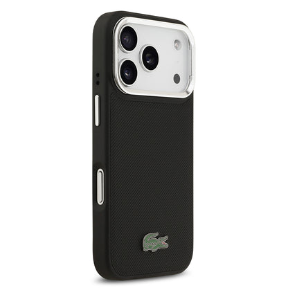 Apple iPhone 17 Pro Kılıf Lacoste Orjinal Lisanslı M-safe Şarj Özellikli PU Pike Desenli Standlı Metal Logolu Kapak Siyah