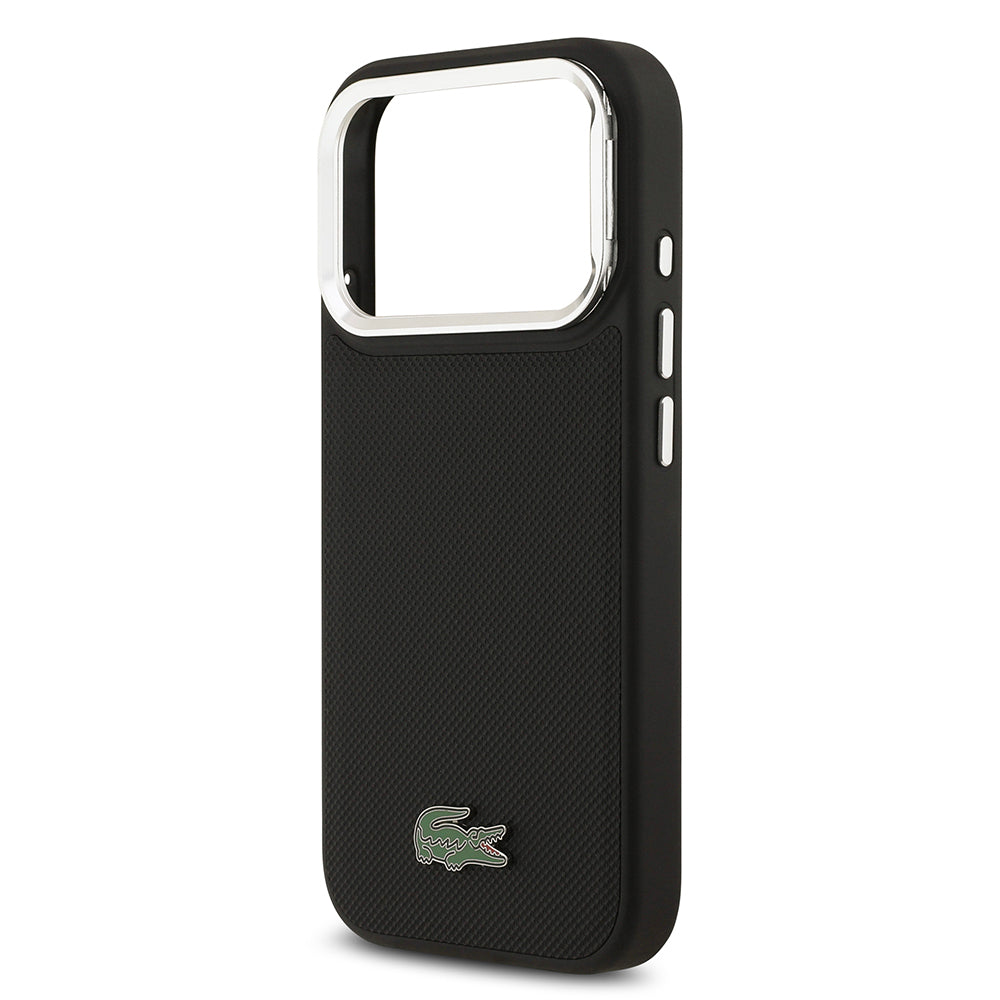 Apple iPhone 17 Pro Kılıf Lacoste Orjinal Lisanslı M-safe Şarj Özellikli PU Pike Desenli Standlı Metal Logolu Kapak Siyah
