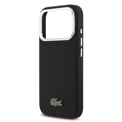 Apple iPhone 17 Pro Kılıf Lacoste Orjinal Lisanslı M-safe Şarj Özellikli PU Pike Desenli Standlı Metal Logolu Kapak Siyah