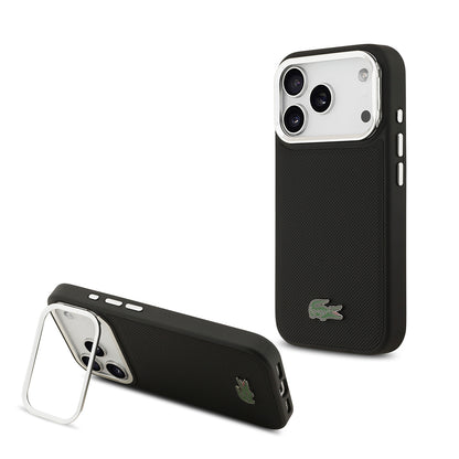 Apple iPhone 17 Pro Kılıf Lacoste Orjinal Lisanslı M-safe Şarj Özellikli PU Pike Desenli Standlı Metal Logolu Kapak Siyah