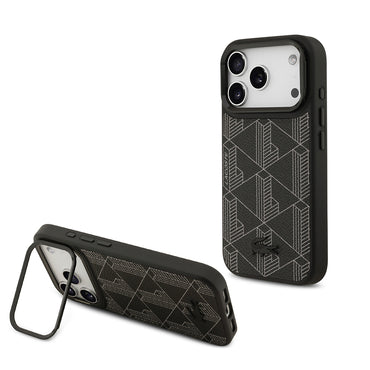 Apple iPhone 17 Pro Case Lacoste Original Licensed M-safe Charging Feature Stand PU Leather Mixed Monogram Pattern Cover Black