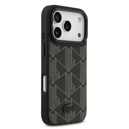 Apple iPhone 17 Pro Kılıf Lacoste Orjinal Lisanslı M-safe Şarj Özellikli Standlı PU Deri Karışık Monogram Desenli Kapak Siyah
