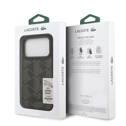 Apple iPhone 17 Pro Kılıf Lacoste Orjinal Lisanslı M-safe Şarj Özellikli Standlı PU Deri Karışık Monogram Desenli Kapak Siyah