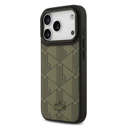 Apple iPhone 17 Pro Kılıf Lacoste Orjinal Lisanslı M-safe Şarj Özellikli Standlı PU Deri Karışık Monogram Desenli Kapak Siyah