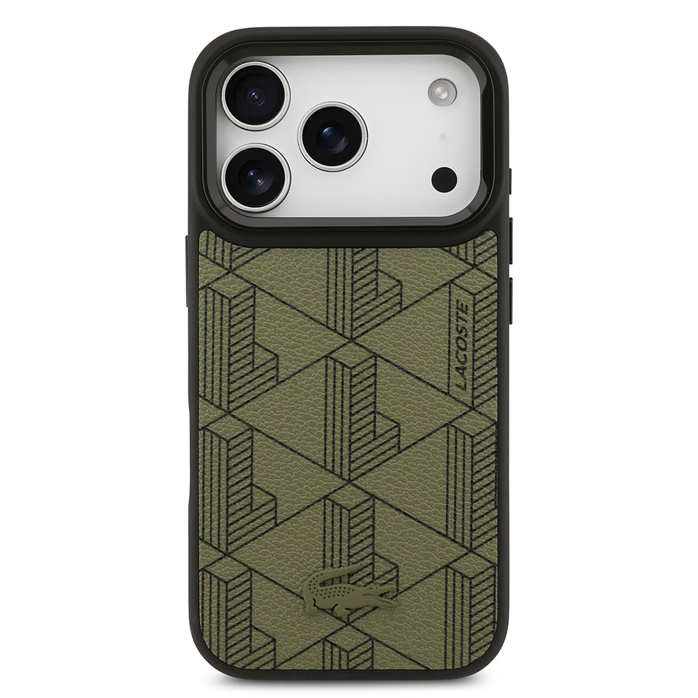 Apple iPhone 17 Pro Kılıf Lacoste Orjinal Lisanslı M-safe Şarj Özellikli Standlı PU Deri Karışık Monogram Desenli Kapak Siyah