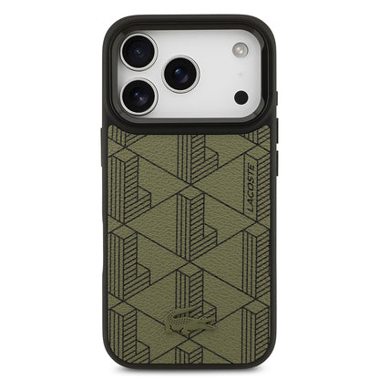Apple iPhone 17 Pro Kılıf Lacoste Orjinal Lisanslı M-safe Şarj Özellikli Standlı PU Deri Karışık Monogram Desenli Kapak Siyah