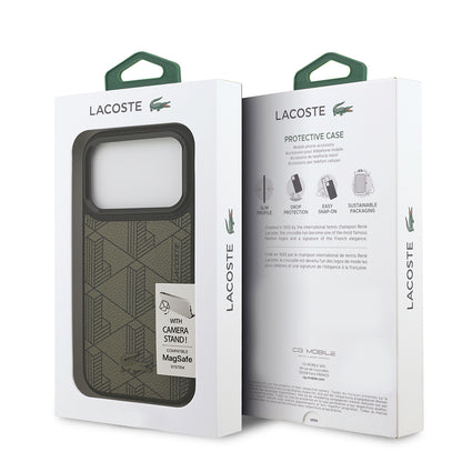Apple iPhone 17 Pro Kılıf Lacoste Orjinal Lisanslı M-safe Şarj Özellikli Standlı PU Deri Karışık Monogram Desenli Kapak Siyah