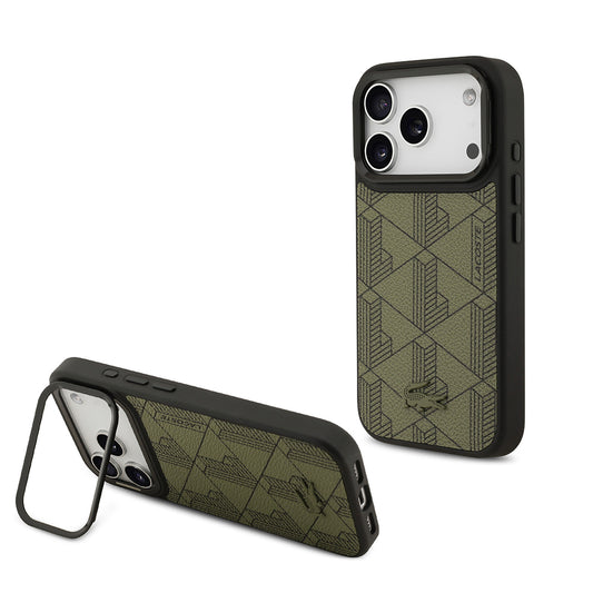 Apple iPhone 17 Pro Case Lacoste Original Licensed M-safe Charging Function Stand PU Leather Mixed Monogram Pattern Cover Green