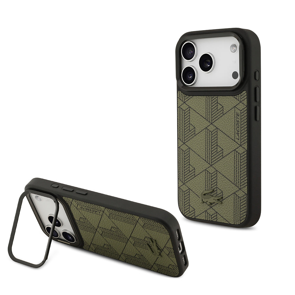 Apple iPhone 17 Pro Kılıf Lacoste Orjinal Lisanslı M-safe Şarj Özellikli Standlı PU Deri Karışık Monogram Desenli Kapak Yeşil