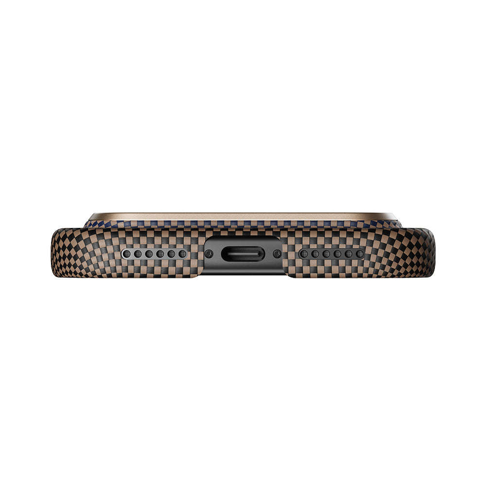 Apple iPhone 17 Pro Kılıf M-safe Şarj Özellikli Aramid Fiber Pitaka Tactile Woven Sunset-Moonrise Serisi Sunset Kapak Kahverengi