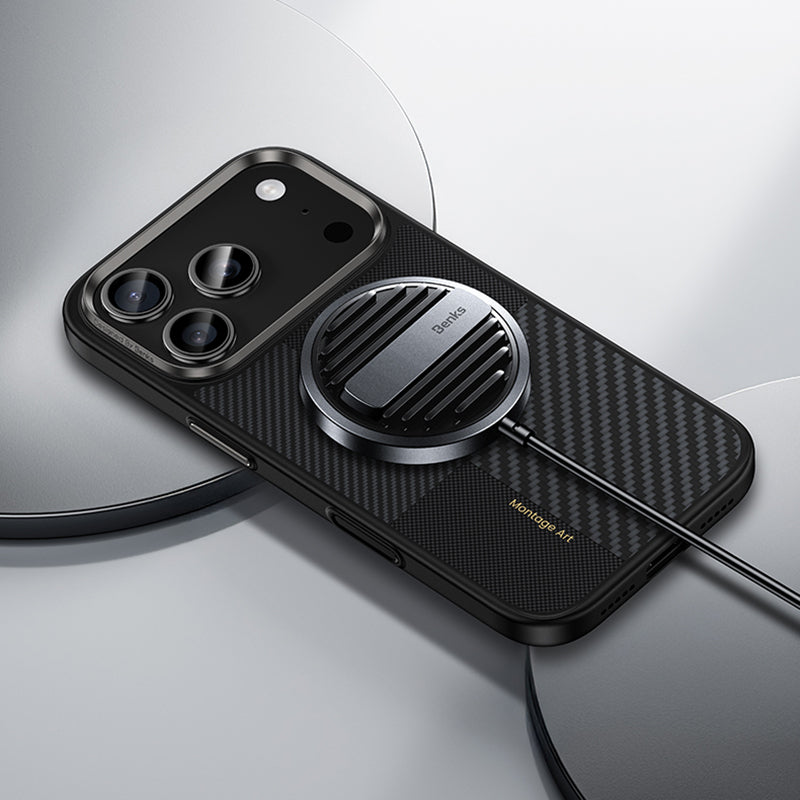 Apple iPhone 17 Pro Kılıf M-safe Şarj Özellikli Karbon Fiber Benks Montage Hybrid ArmorPro Kevlar Kapak Siyah