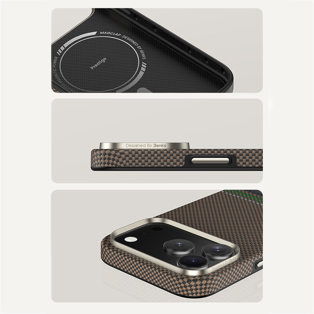 Apple iPhone 17 Pro Kılıf M-safe Şarj Özellikli Karbon Fiber Tasarımlı Benks Prestige ArmorPro Kevlar Kapak Gold