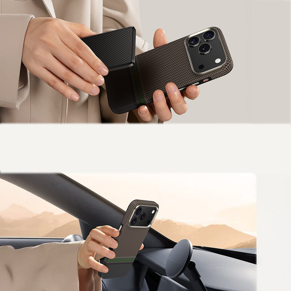 Apple iPhone 17 Pro Kılıf M-safe Şarj Özellikli Karbon Fiber Tasarımlı Benks Prestige ArmorPro Kevlar Kapak Gold