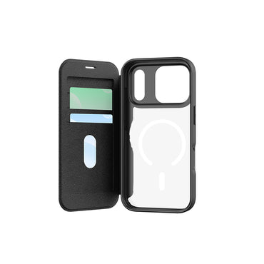 Apple iPhone 17 Pro Kılıf M-Safe Şarj Özellikli Raptic Air Folio Şeffaf Kartlıklı Kapaklı Kılıf Siyah