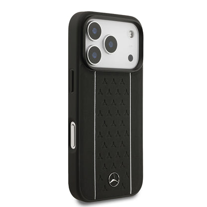 Apple iPhone 17 Pro Kılıf Mercedes Benz Orjinal Lisanslı M-safe Şarj Özellikli Şeritli Yıldız Desenli Metal Logolu Deri Kapak Lacivert