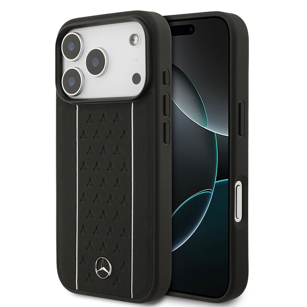 Apple iPhone 17 Pro Case Mercedes Benz Original Licensed M-Safe Charging Feature Striped Star Patterned Metal Logo Leather Cover Black 