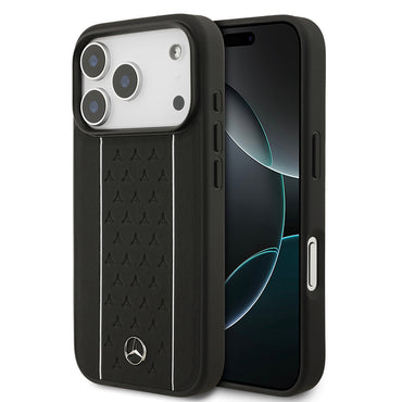 Apple iPhone 17 Pro Kılıf Mercedes Benz Orjinal Lisanslı M-safe Şarj Özellikli Şeritli Yıldız Desenli Metal Logolu Deri Kapak Lacivert