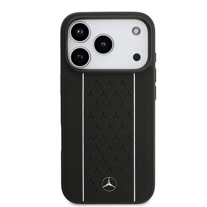 Apple iPhone 17 Pro Kılıf Mercedes Benz Orjinal Lisanslı M-safe Şarj Özellikli Şeritli Yıldız Desenli Metal Logolu Deri Kapak Lacivert