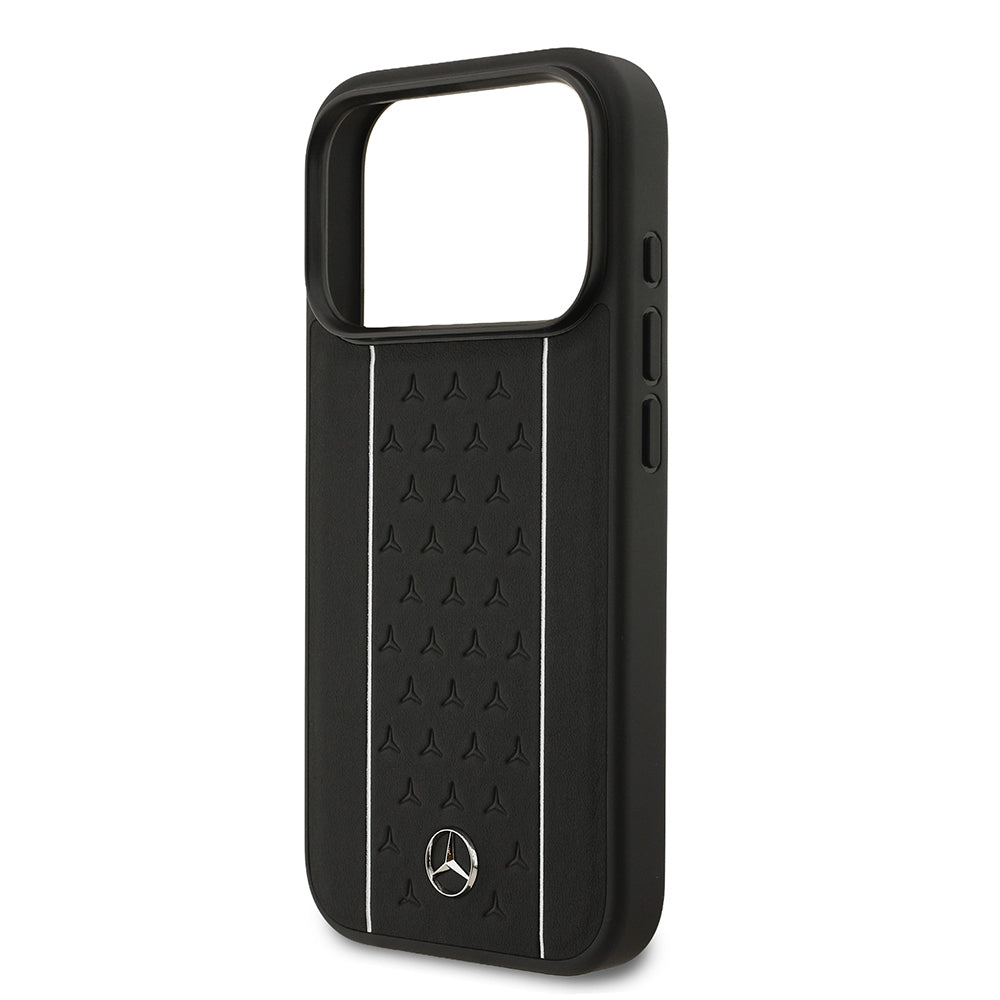 Apple iPhone 17 Pro Kılıf Mercedes Benz Orjinal Lisanslı M-safe Şarj Özellikli Şeritli Yıldız Desenli Metal Logolu Deri Kapak Siyah