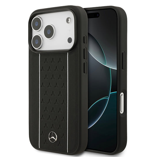 Apple iPhone 17 Pro Case Mercedes Benz Original Licensed M-Safe Charging Feature Striped Star Patterned Metal Logo Leather Cover Black 