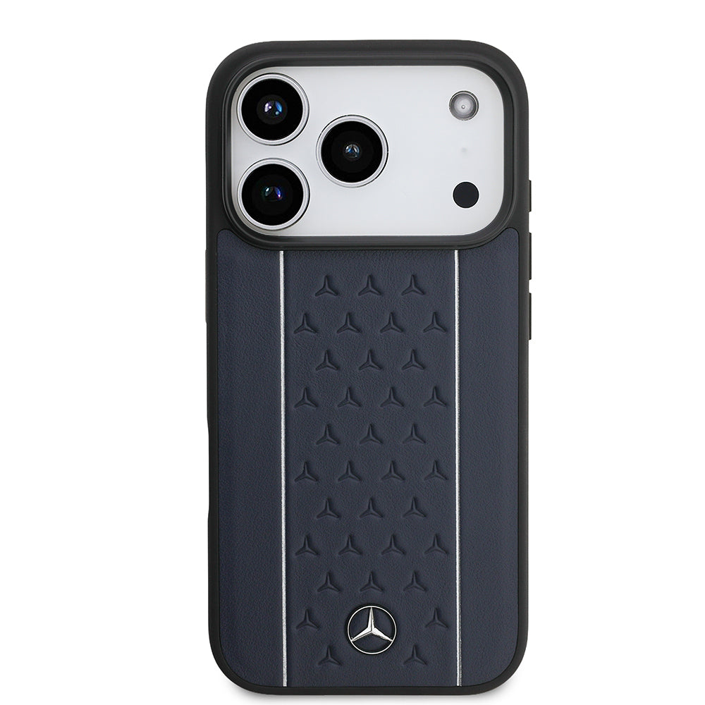 Apple iPhone 17 Pro Case Mercedes Benz Original Licensed M-Safe Charging Feature Striped Star Patterned Metal Logo Leather Cover Black 