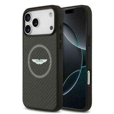 Apple iPhone 17 Pro Max Kılıf Aston Martin Orjinal Lisanslı M-safe Şarj Özellikli Karbon Fiber Kevlar Kapak Siyah