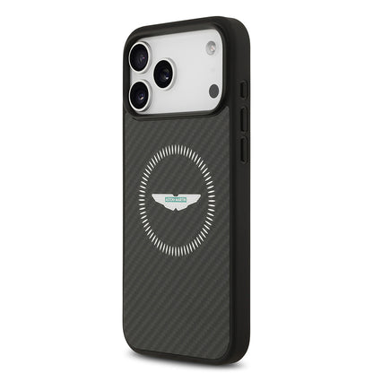 Apple iPhone 17 Pro Max Kılıf Aston Martin Orjinal Lisanslı M-safe Şarj Özellikli Karbon Fiber Kevlar Kapak Siyah