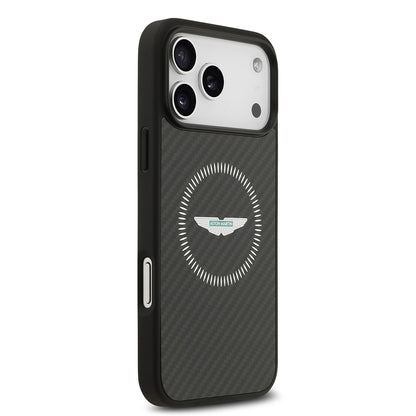 Apple iPhone 17 Pro Max Kılıf Aston Martin Orjinal Lisanslı M-safe Şarj Özellikli Karbon Fiber Kevlar Kapak Siyah