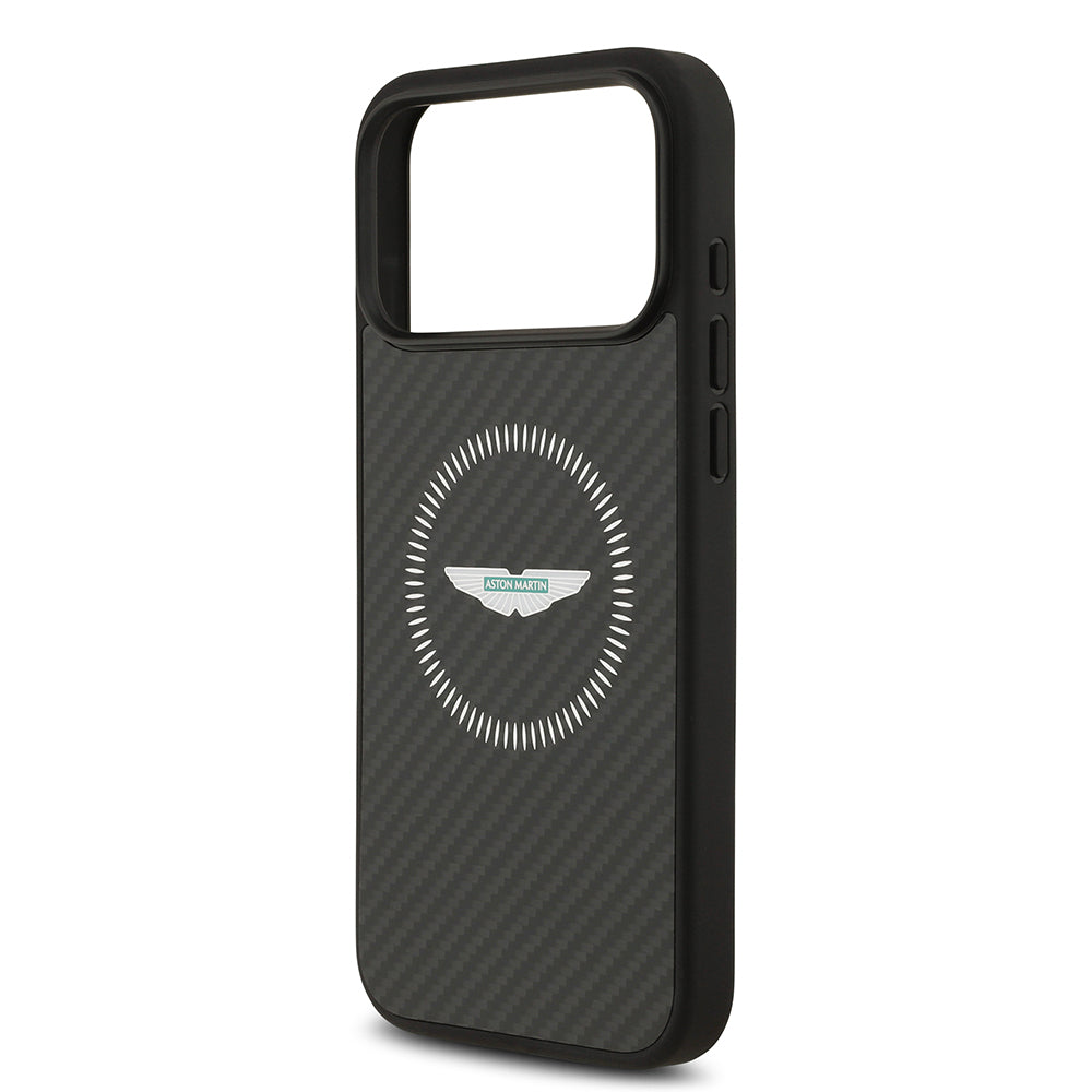 Apple iPhone 17 Pro Max Kılıf Aston Martin Orjinal Lisanslı M-safe Şarj Özellikli Karbon Fiber Kevlar Kapak Siyah