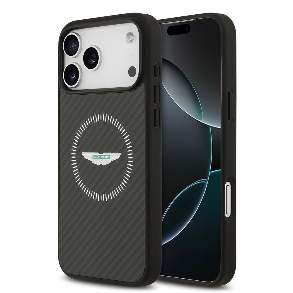 Apple iPhone 17 Pro Max Kılıf Aston Martin Orjinal Lisanslı M-safe Şarj Özellikli Karbon Fiber Kevlar Kapak Siyah