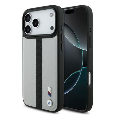 Apple iPhone 17 Pro Max Kılıf BMW Orjinal Lisanslı M-safe Şarj Özellikli Deri Arka Yüzey Metal Logolu Delikli Şerit Tasarımlı Kapak Gri
