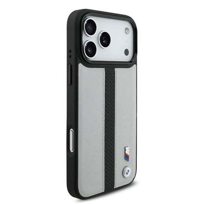 Apple iPhone 17 Pro Max Kılıf BMW Orjinal Lisanslı M-safe Şarj Özellikli Deri Arka Yüzey Metal Logolu Delikli Şerit Tasarımlı Kapak Gri