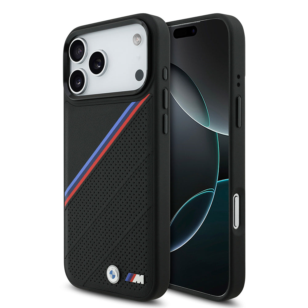 Apple iPhone 17 Pro Max Kılıf BMW Orjinal Lisanslı M-safe Şarj Özellikli M Logolu Üç Şeritli Delikli Deri Kapak Gri