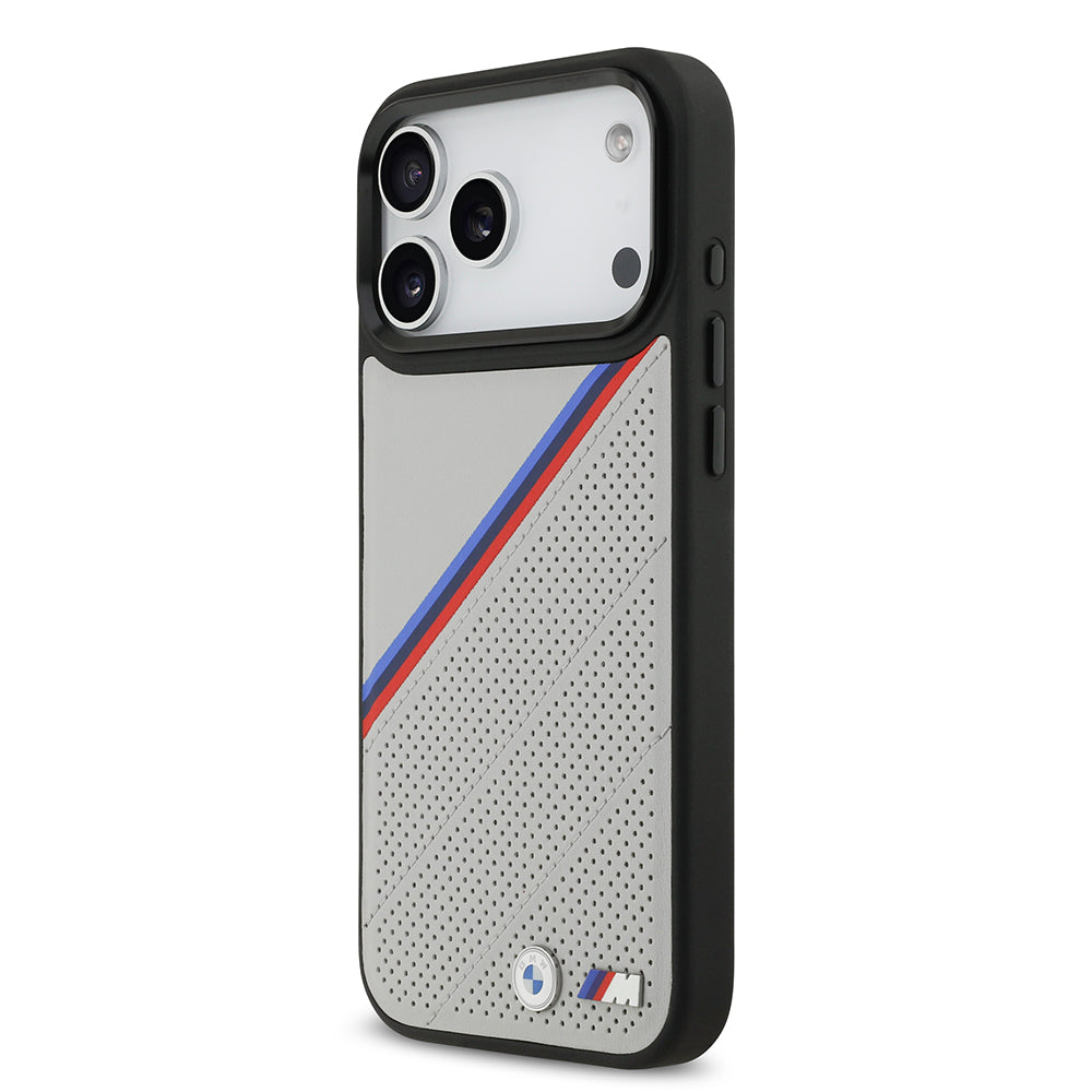 Apple iPhone 17 Pro Max Kılıf BMW Orjinal Lisanslı M-safe Şarj Özellikli M Logolu Üç Şeritli Delikli Deri Kapak Gri