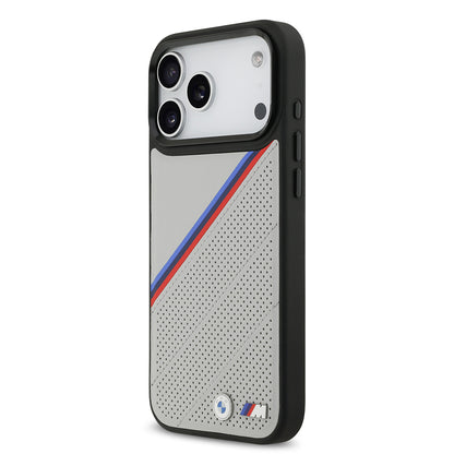 Apple iPhone 17 Pro Max Kılıf BMW Orjinal Lisanslı M-safe Şarj Özellikli M Logolu Üç Şeritli Delikli Deri Kapak Gri