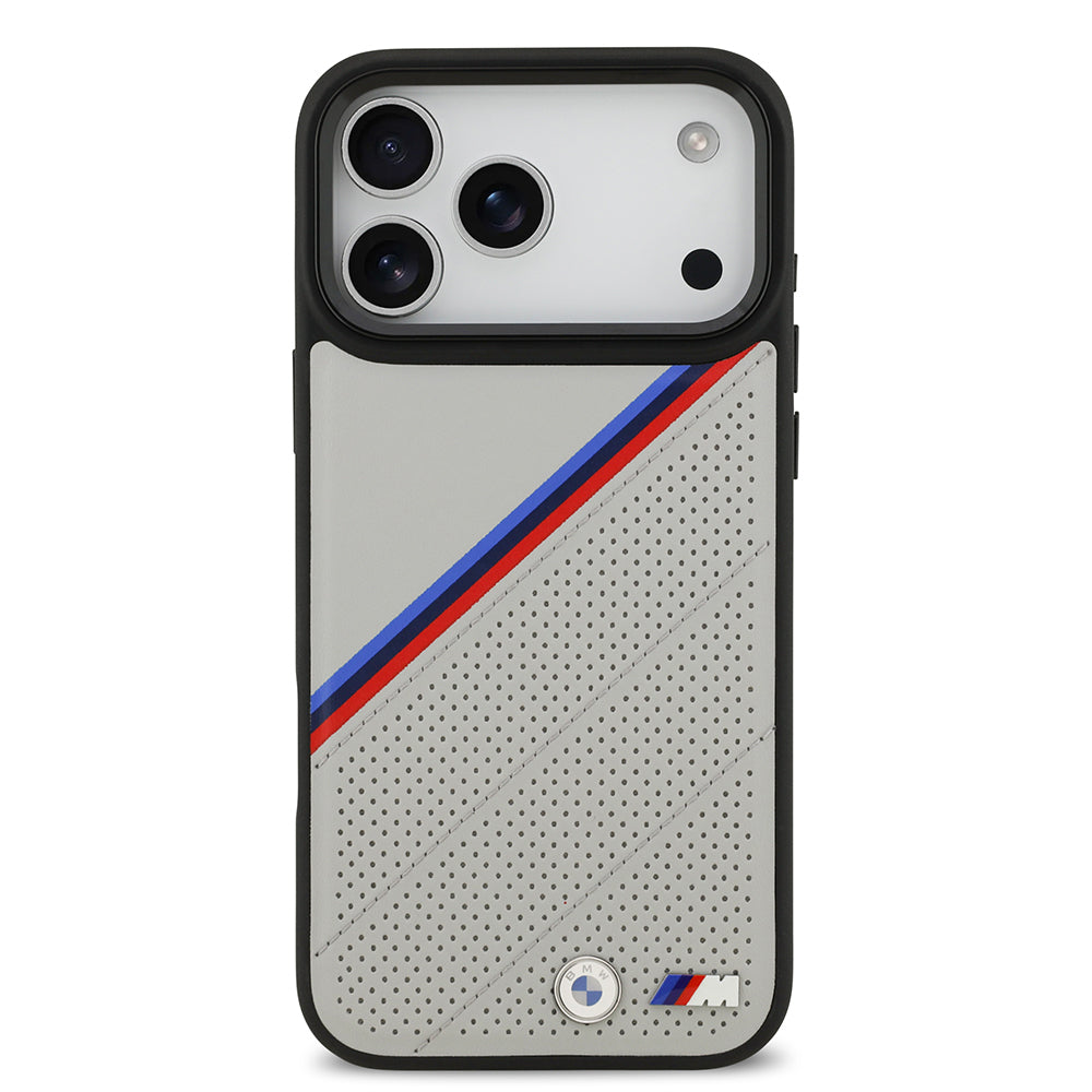 Apple iPhone 17 Pro Max Kılıf BMW Orjinal Lisanslı M-safe Şarj Özellikli M Logolu Üç Şeritli Delikli Deri Kapak Gri