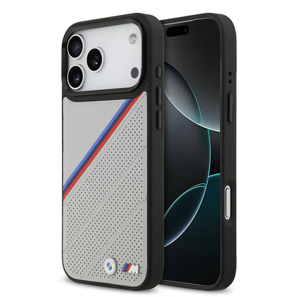 Apple iPhone 17 Pro Max Kılıf BMW Orjinal Lisanslı M-safe Şarj Özellikli M Logolu Üç Şeritli Delikli Deri Kapak Gri
