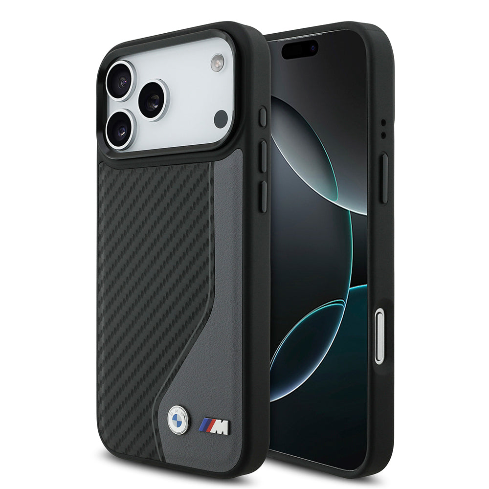 Apple iPhone 17 Pro Max Kılıf BMW Orjinal Lisanslı M-safe Şarj Özellikli Metal BMW ve M Logolu PU Karbon Tasarımlı Kapak Siyah